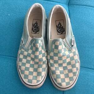 Vans Classic Slip-On Checkerboard Sneakers, Aqua Blue and White, Size 7